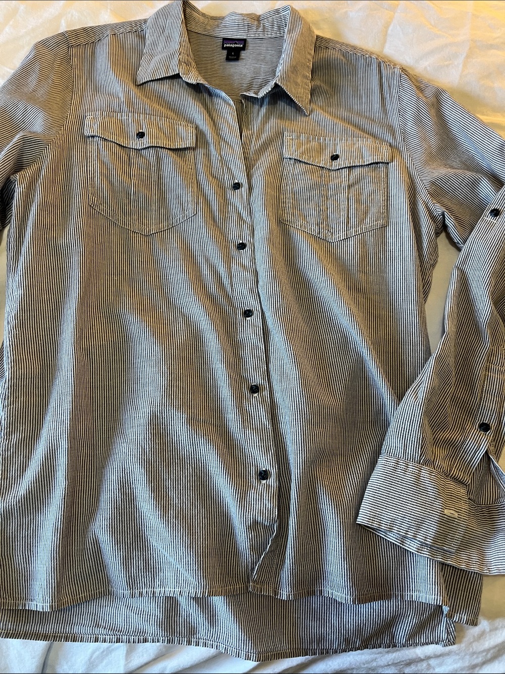Patagonia Women’s Navy and White Thin-Stripe Button Down Shirt